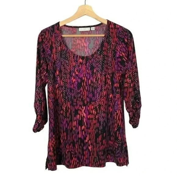 Susan Graver Liquid Knit Pink & Purple Printed Long Sleeve Blouse XS - Picture 1 of 4